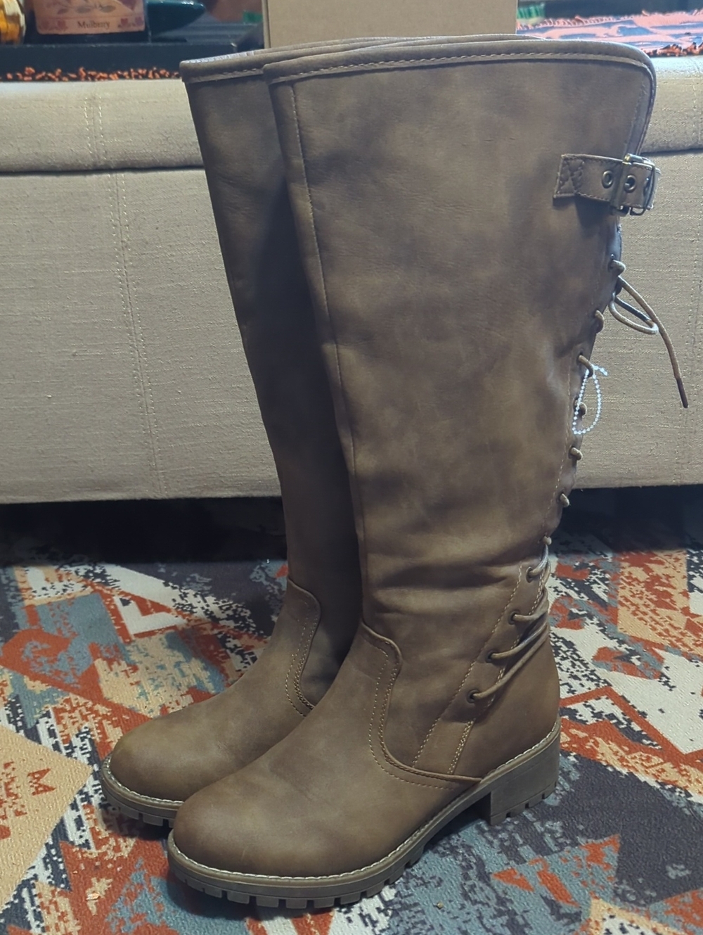 GLOBALWIN Women's Chunky Heel Brown Lace Up Back Knee High Fashion Boots 8